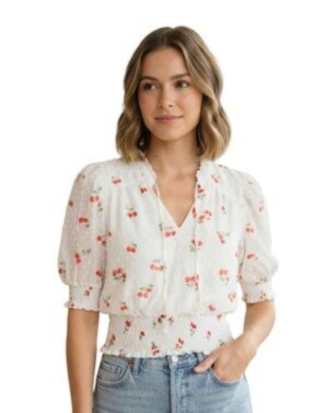 Joie White Blouse with Pink Cherry Print and Smocked Waist Size XS